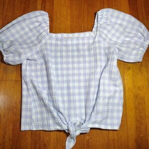 LOFT Women Square‎ Neck Gingham Puff Sleeve Tie Front Top Small Lavender White